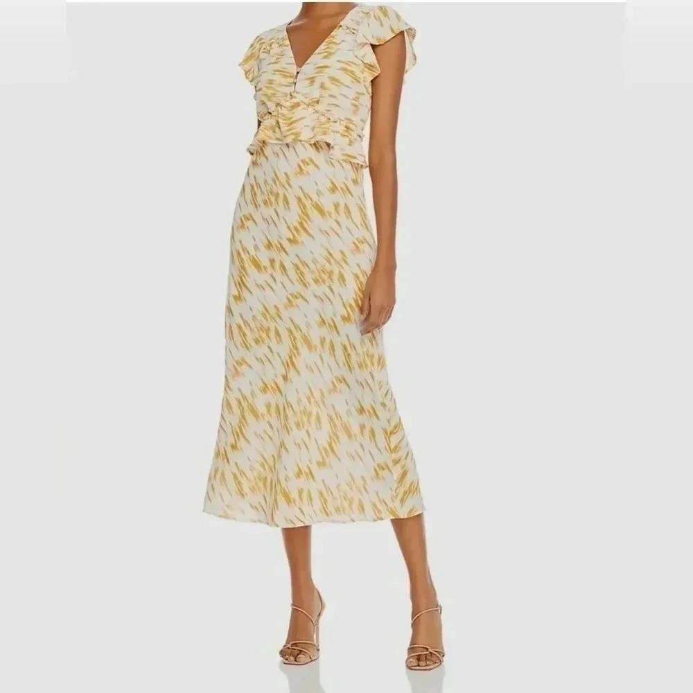 $128 Rahi Women's Yellow Marble Print Ruffle Short Sleeve Midi Sun Dress Small